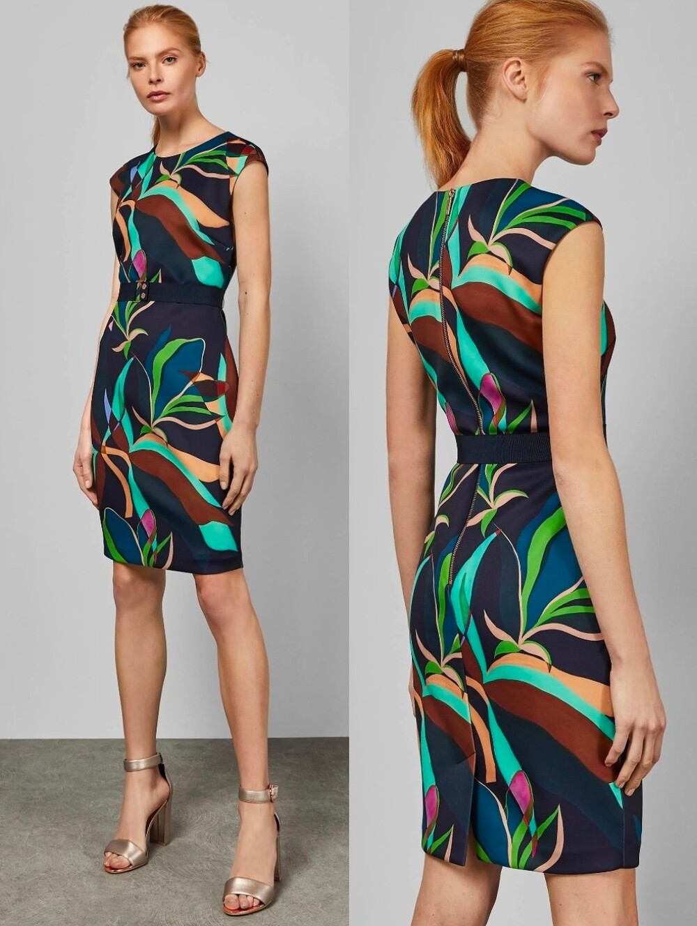 TED BAKER Navy Adilyyn Tropical Floral Sheath Midi Dress
